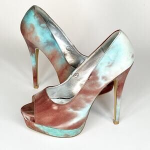 Miss Me Jocelyn Tie-Dye Blue & Brown Peep Toe Platform Stiletto Heels Shoes 6